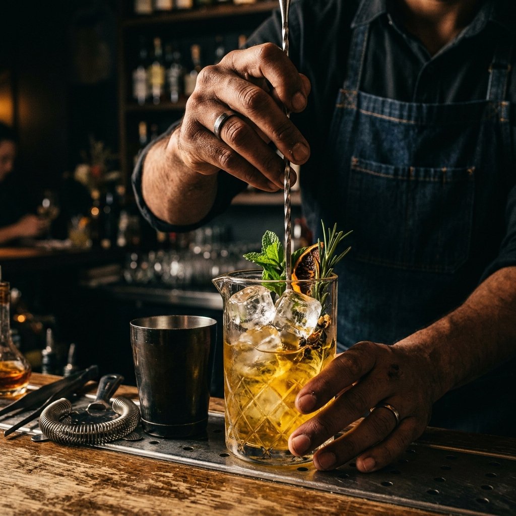 Bartender Maximus Coquetel preparando drink artesanal